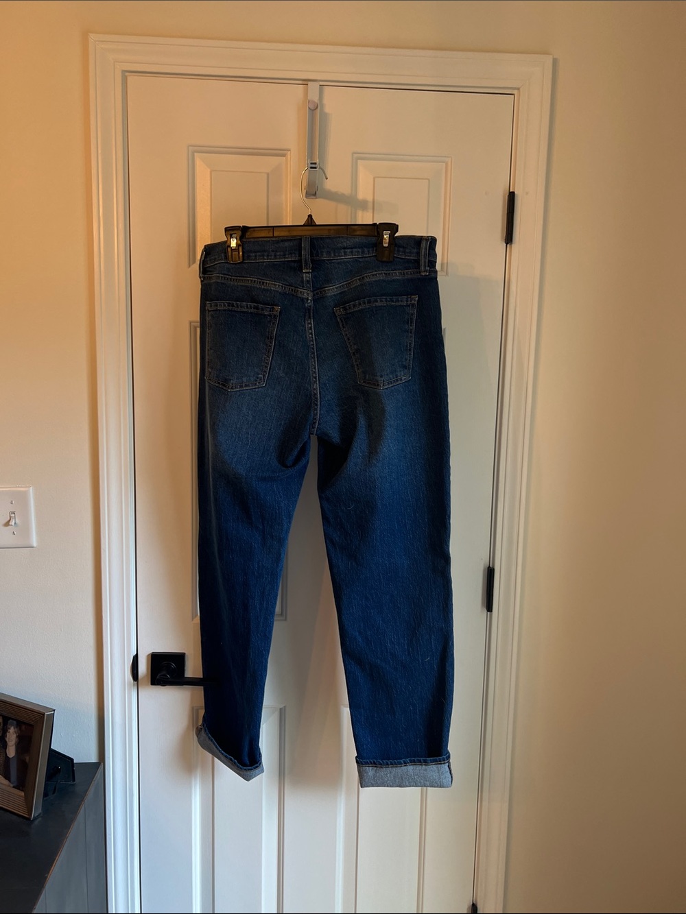 Old Navy Dark Indigo Mid-Rise Wow Boyfriend Jeans with Tan Stitching.  Size 10. - Picture 6 of 6